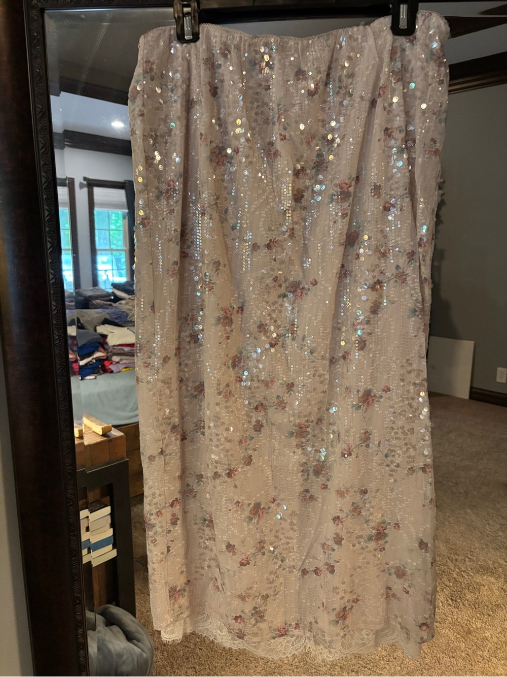 Floral Sequin Lace Midi Skirt in Blush Pink